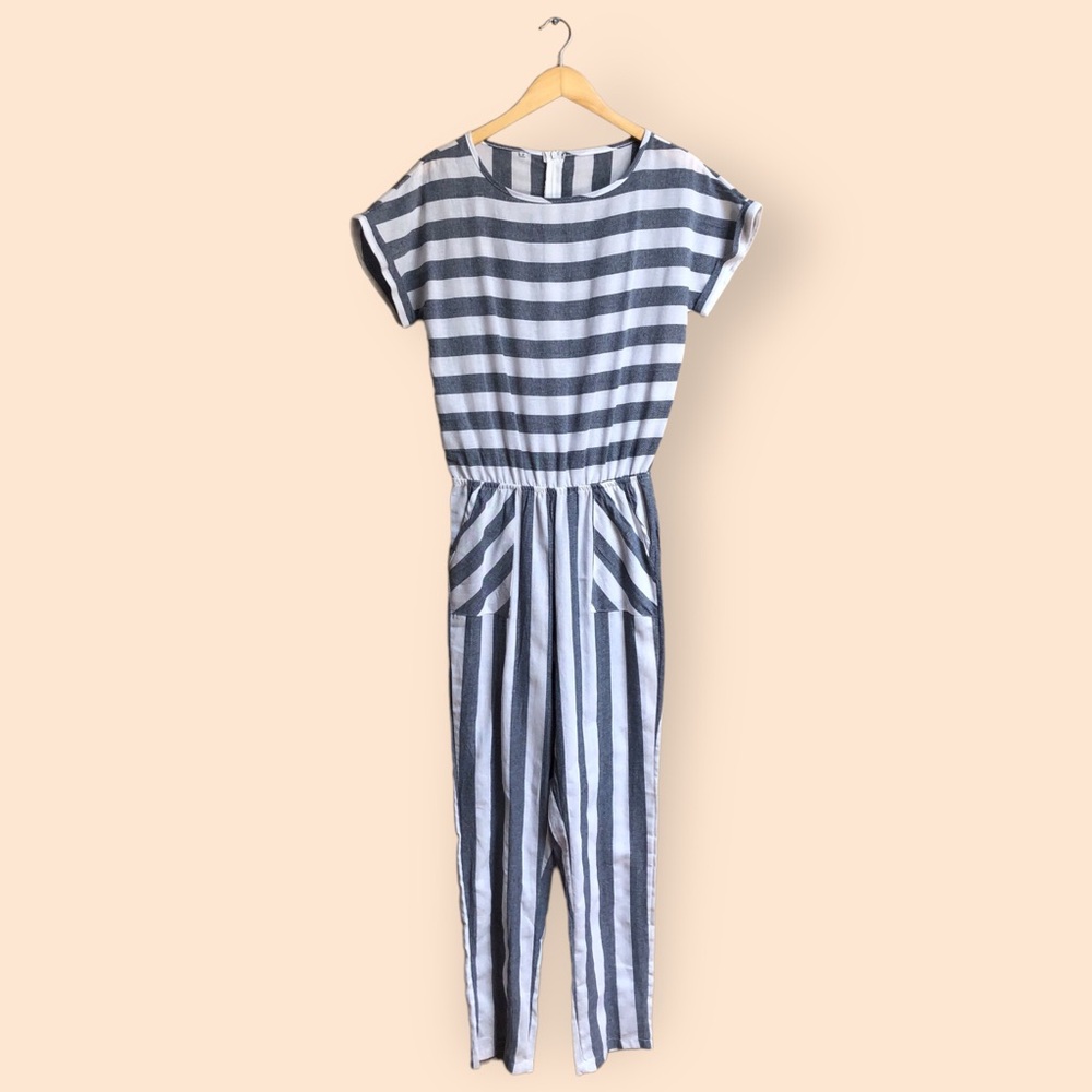 Beachy Boho Striped Jumpsuit Pantsuit White Grey One Piece Outfit Swim Cover Up